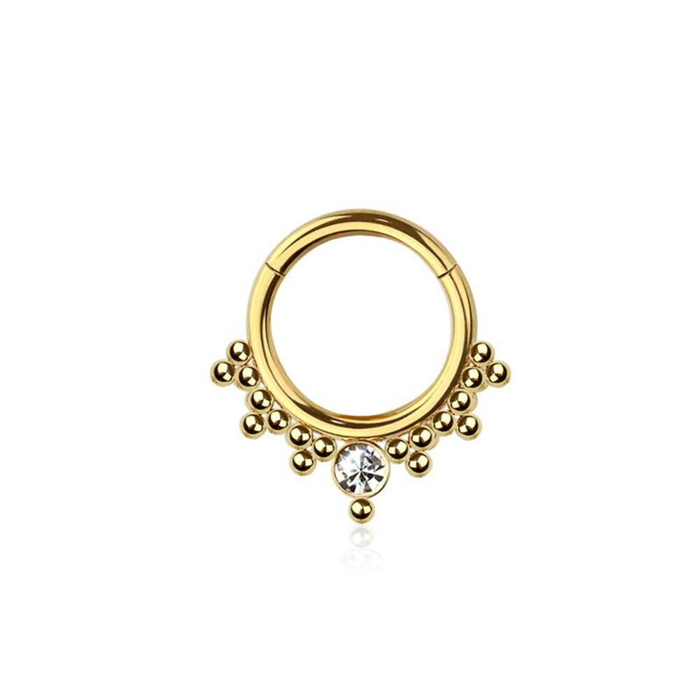 Premium Surgical Steel Bezel-Set Crystal + Dotwork Cluster Hinged Segment Ring 16g