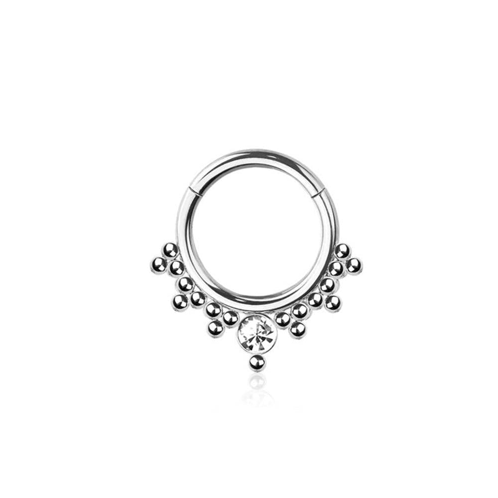 Premium Surgical Steel Bezel-Set Crystal + Dotwork Cluster Hinged Segment Ring 16g