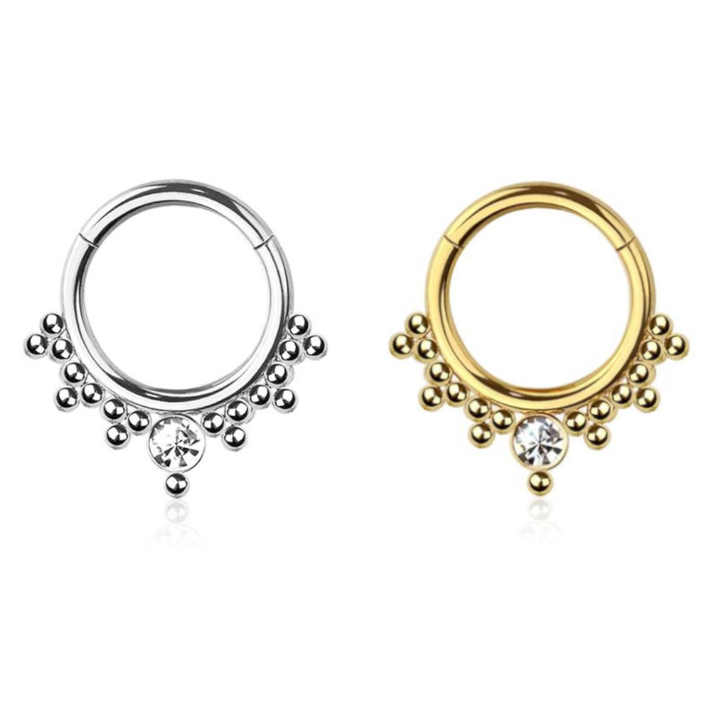 Premium Surgical Steel Bezel-Set Crystal + Dotwork Cluster Hinged Segment Ring 16g