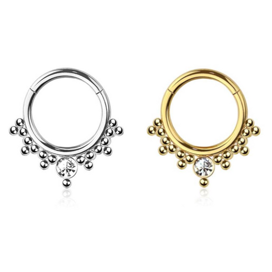 Premium Surgical Steel Bezel-Set Crystal + Dotwork Cluster Hinged Segment Ring 16g