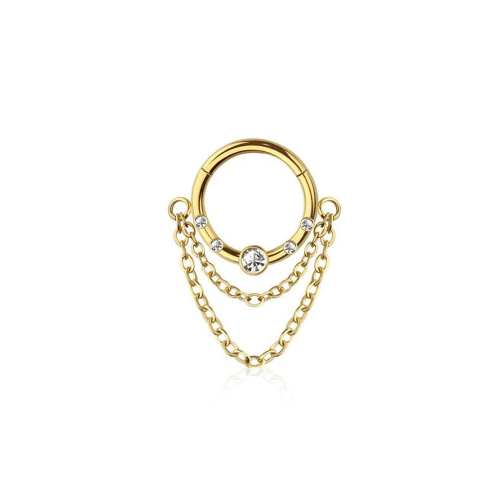 Premium Surgical Steel Multi Bezel-Set Crystal + Double Chain Hinged Segment Ring 16g
