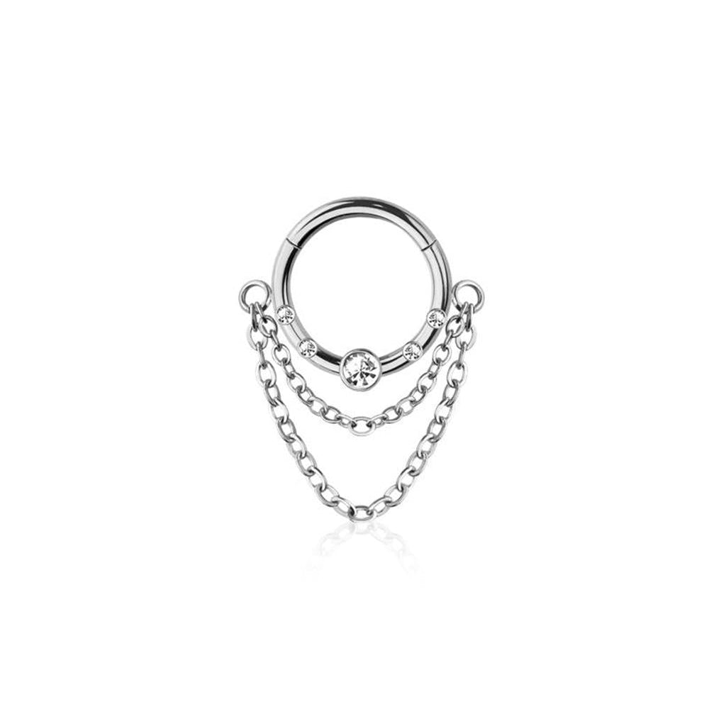Premium Surgical Steel Multi Bezel-Set Crystal + Double Chain Hinged Segment Ring 16g