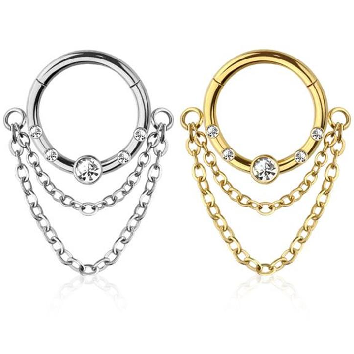 Premium Surgical Steel Multi Bezel-Set Crystal + Double Chain Hinged Segment Ring 16g