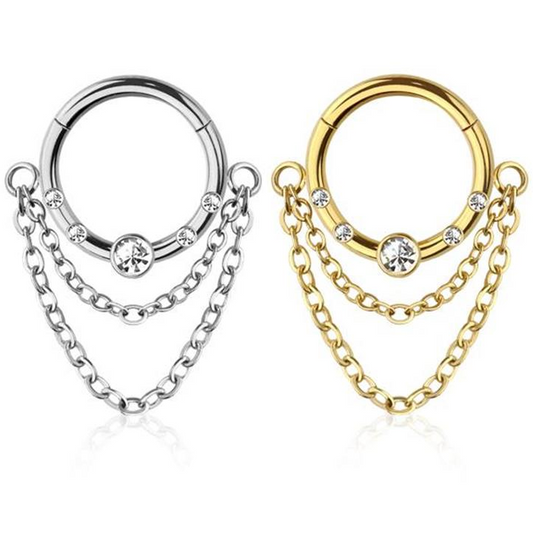 Premium Surgical Steel Multi Bezel-Set Crystal + Double Chain Hinged Segment Ring 16g