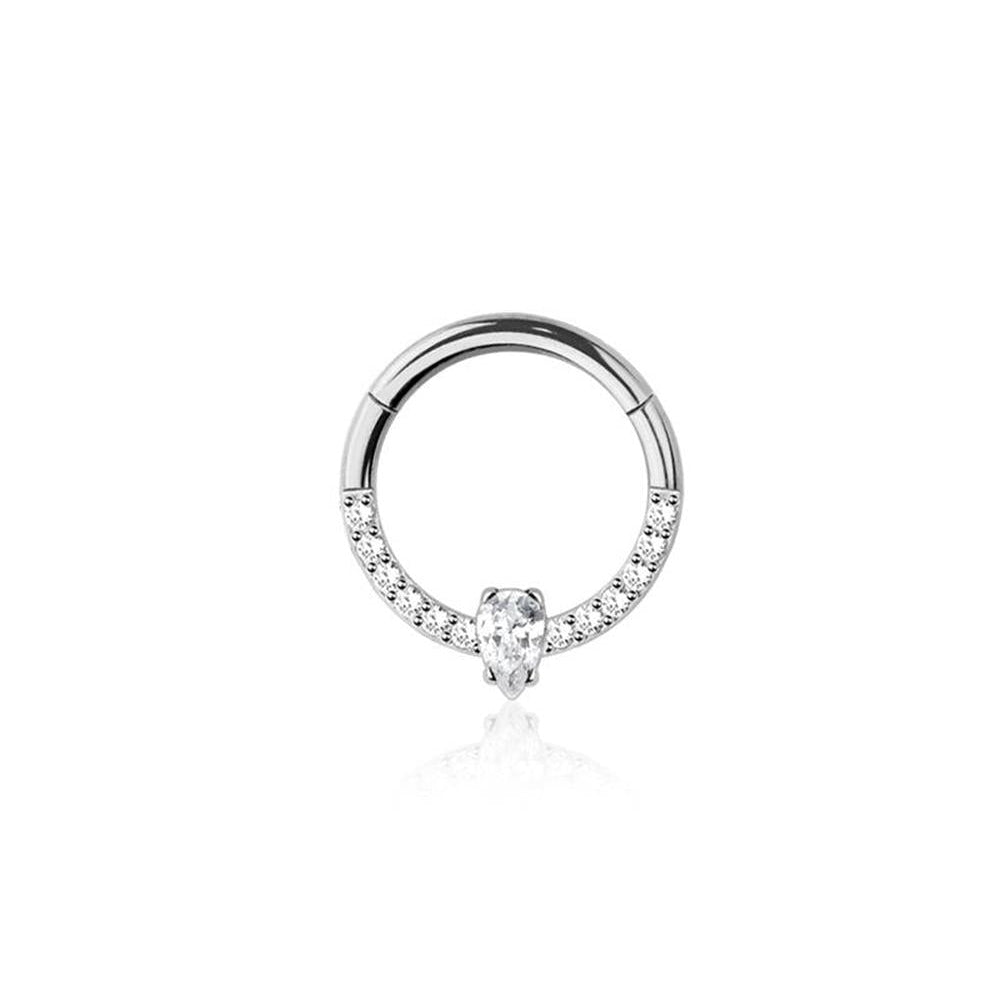 Premium Surgical Steel Teardrop Crystal Center + Pavé-Set Edge Hinged Segment Ring 16g