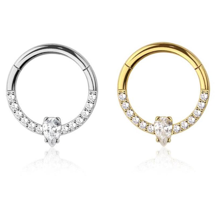 Premium Surgical Steel Teardrop Crystal Center + Pavé-Set Edge Hinged Segment Ring 16g