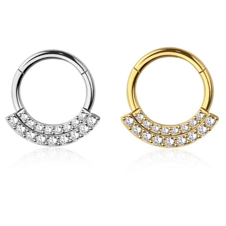 Premium Surgical Steel Side-Set Pavé-Set Crystal Double Arc Hinged Segment Ring 16g