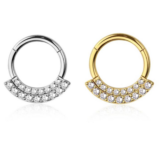 Premium Surgical Steel Side-Set Pavé-Set Crystal Double Arc Hinged Segment Ring 16g