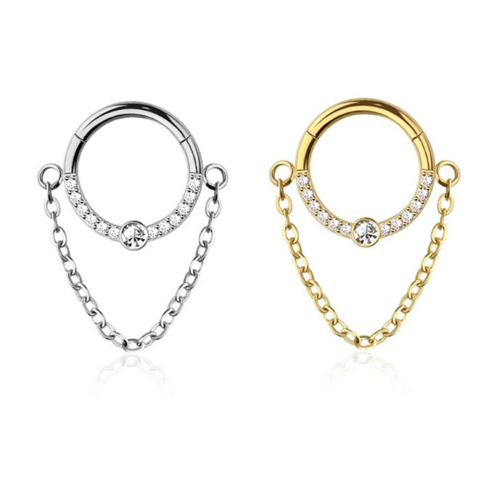 Premium Surgical Steel Crystal Center + Chain Hinged Segment Ring 16g