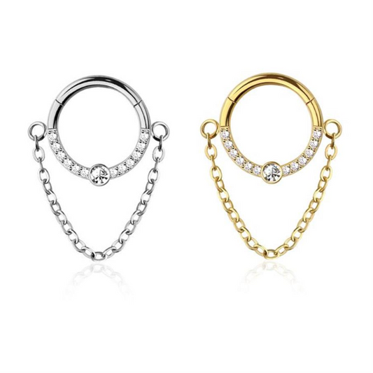 Premium Surgical Steel Crystal Center + Chain Hinged Segment Ring 16g