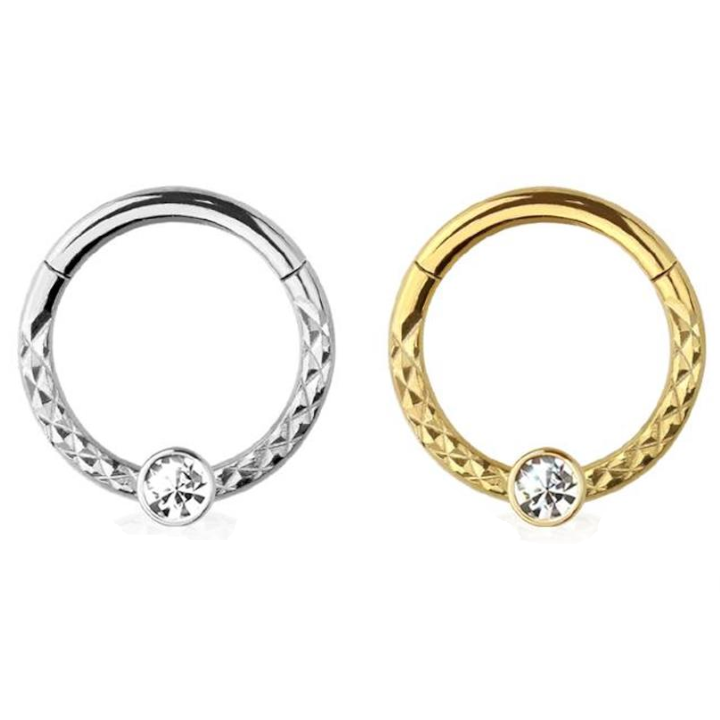 Premium Surgical Steel Bezel-Set Crystal + Braided Texture Hinged Segment Ring 16g