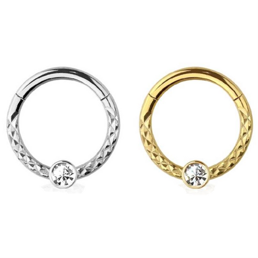 Premium Surgical Steel Bezel-Set Crystal + Braided Texture Hinged Segment Ring 16g