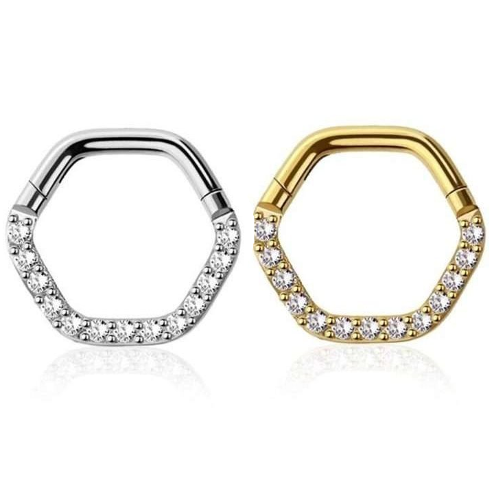Premium Side-Set Pavé-Set Crystal Hexagon Hinged Segment Ring 16g