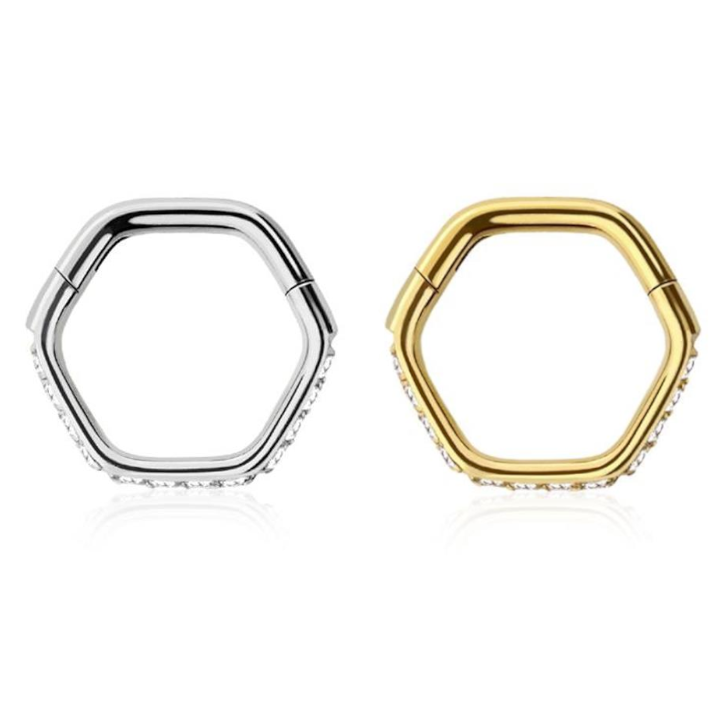 Premium Pavé-Set Crystal Hexagon Hinged Segment Ring 16g