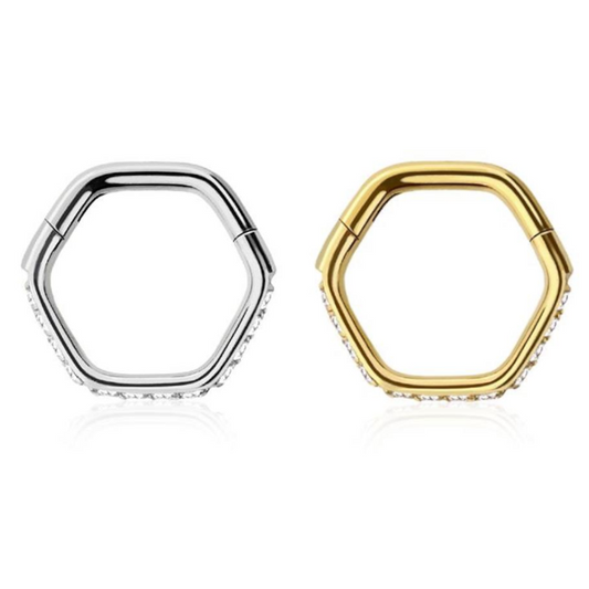 Premium Pavé-Set Crystal Hexagon Hinged Segment Ring 16g