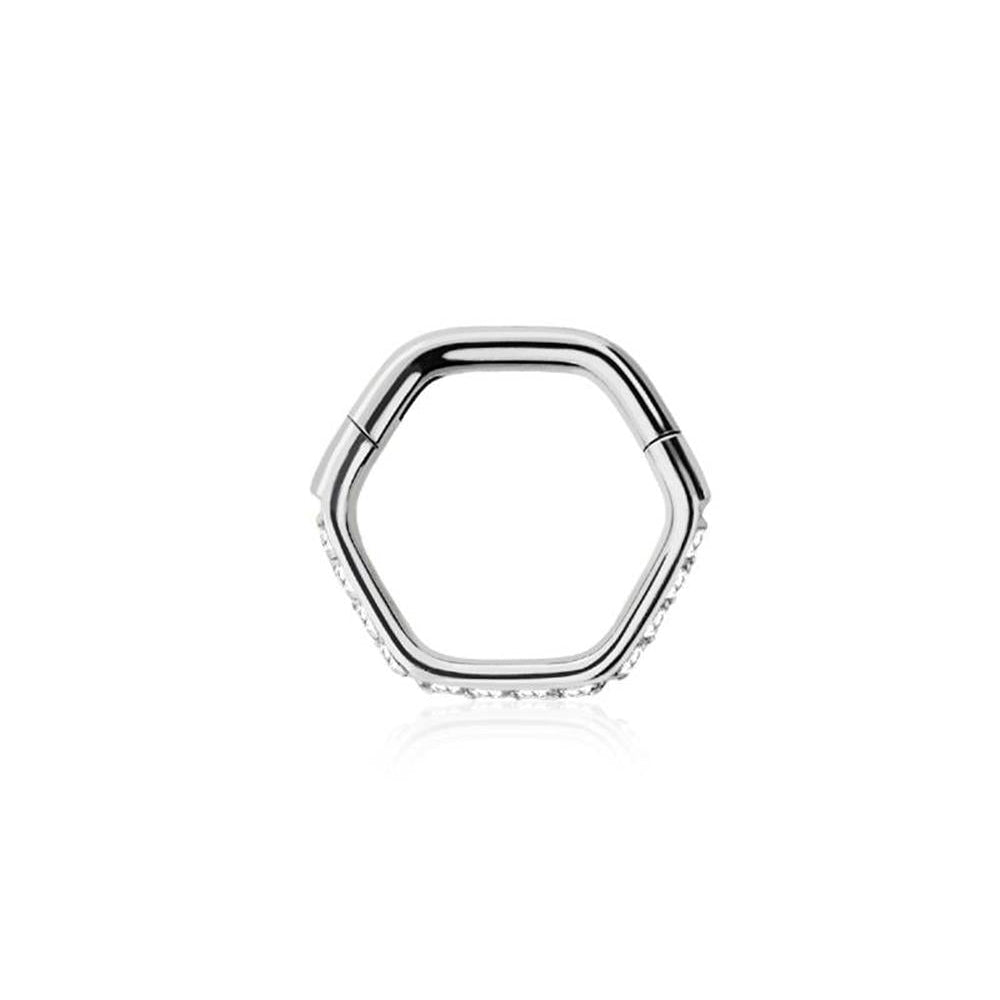 Premium Pavé-Set Crystal Hexagon Hinged Segment Ring 16g