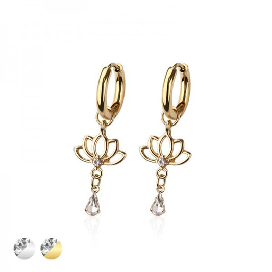 Lotus Flower Crystal Drop Dangle Cuff Earrings