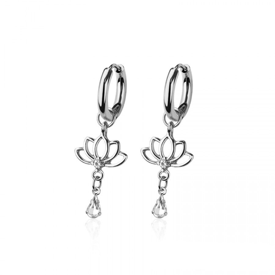 Lotus Flower Crystal Drop Dangle Cuff Earrings