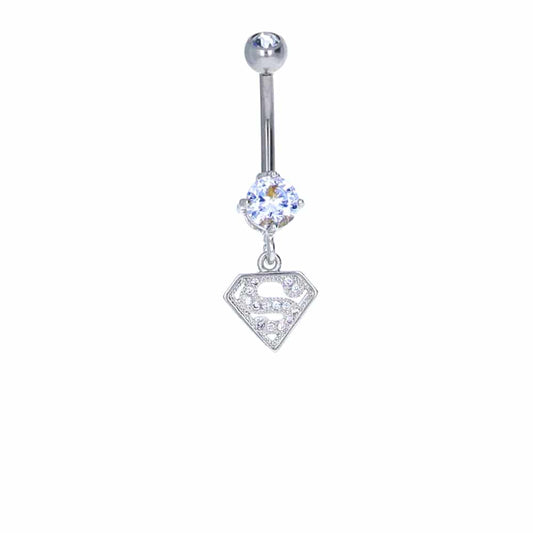 navel-belly-curved-barbell-dangle-tassel-surgical-steel-jewelled super-man-logo-licenced-jewelry-14g