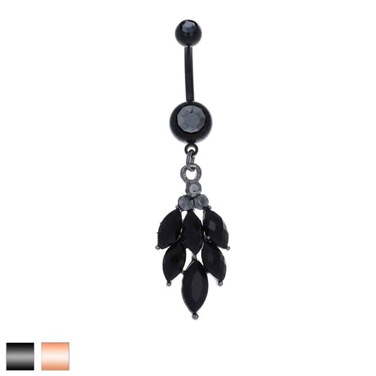 navel-belly-stud-curved-barbell-dangle-tassel-surgical-steel-rose-gold-plated-titanium-six-black-jewelled-leaf-title