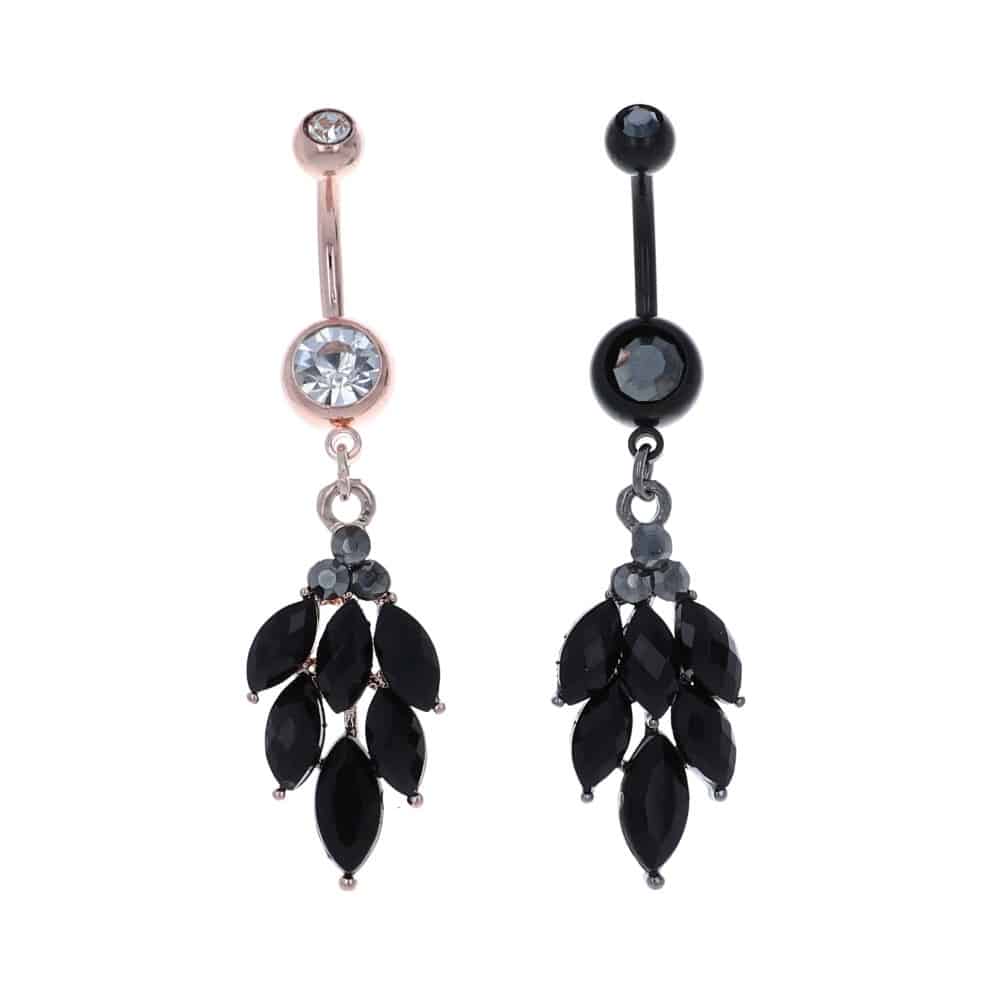 navel-belly-stud-curved-barbell-dangle-tassel-surgical-steel-rose-gold-plated-titanium-six-black-jewelled-leaf-title2