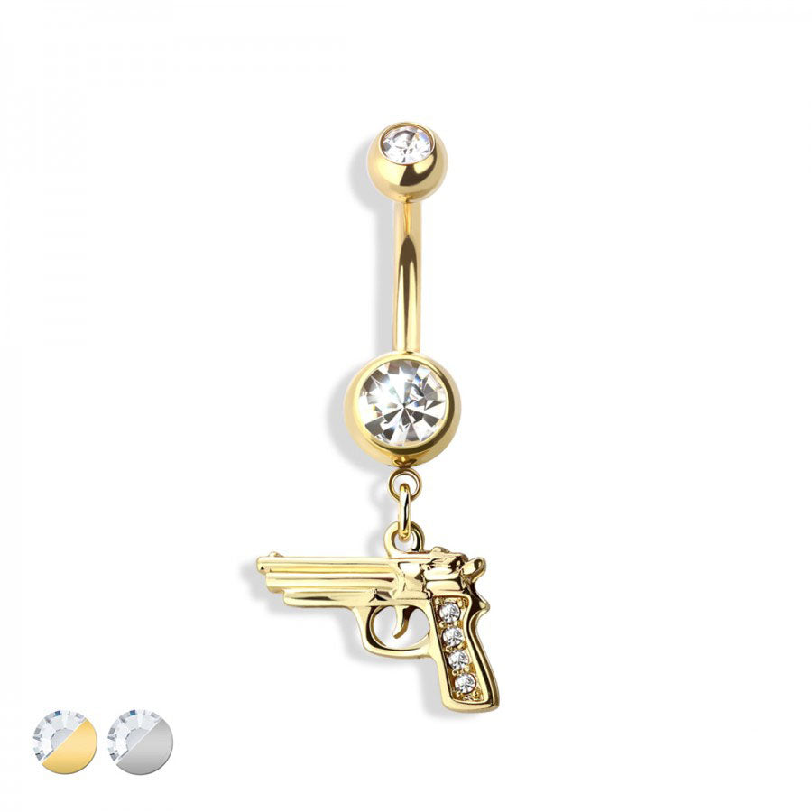 Surgical Steel Crystal + Gun Navel Dangle 14g