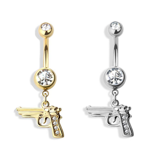 Surgical Steel Crystal + Gun Navel Dangle 14g