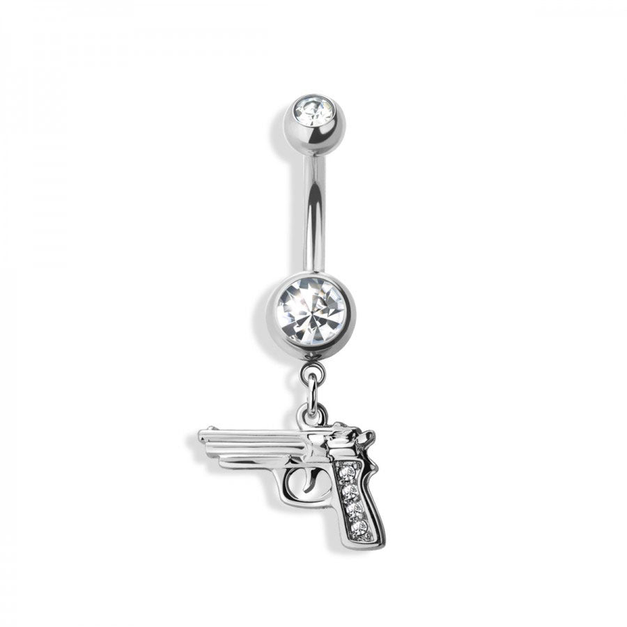 Surgical Steel Crystal + Gun Navel Dangle 14g
